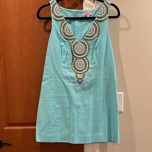 Lilly Pulitzer Aqua Beaded V-Neck Mini Dress